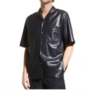 Men's Bodil Faux-Leather Camp Shirt, Navy, Size Medium NWT
